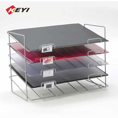 Hochwertiges, auf dem Boden stehendes Metallplacemat-Display-Rack mit 4 Rollen
