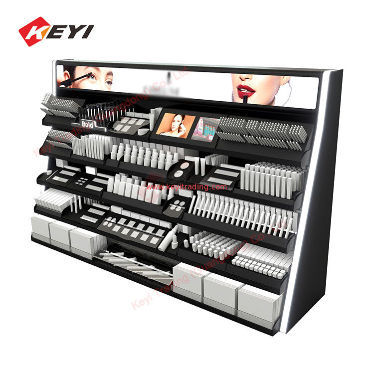 Maßgeschneiderte Holzwand-Kosmetikregale, Vitrine und Make-up-Display-Wandvitrine für den Kosmetiksalon